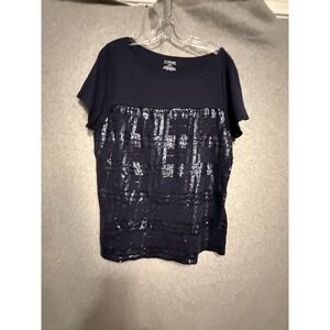 Lane Bryant Shirt Womens 18/20 Blue Sequin Front Boat Neck Plus Tee Top Party